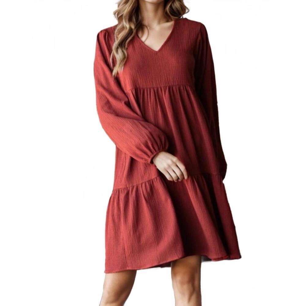 NEW HEIMISH USA puff sleeve tiered dress in cinnamon